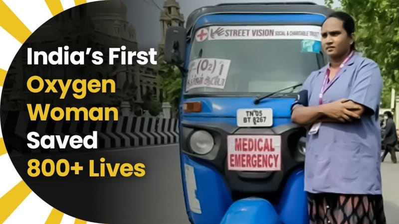 Seetha Devi standing beside her auto rickshaw converted into mobile oxygen vehicle in Chennai
