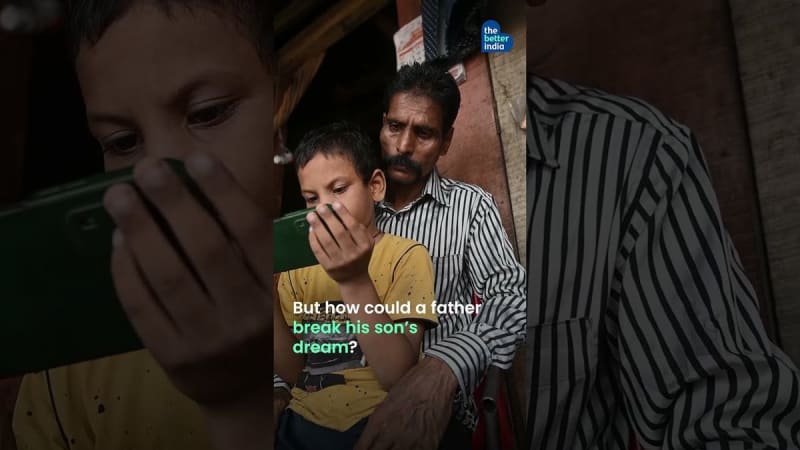 Father and young son standing beside homemade pedal-powered motorcycle built from bicycle and scrap parts