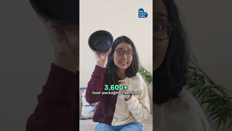 Natural areca palm leaf containers filled with Indian food next to traditional black plastic boxes