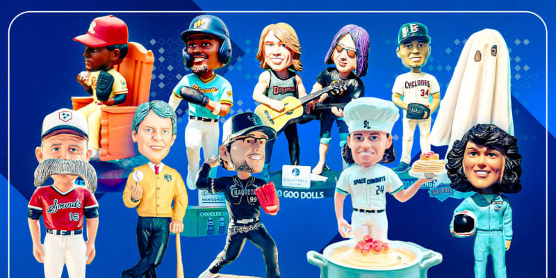 Collection of creative Minor League Baseball bobbleheads including astronaut, musicians, and players with unique designs celebrating 2025 season