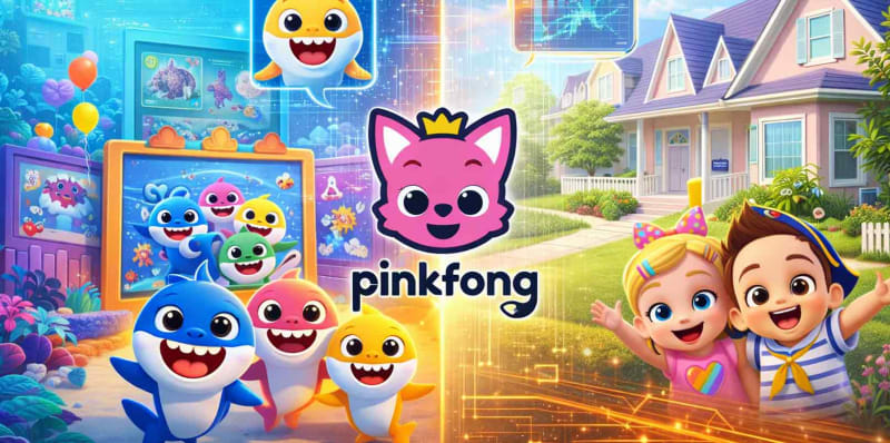 Colorful Baby Shark character displayed on mobile devices with AI technology interface elements