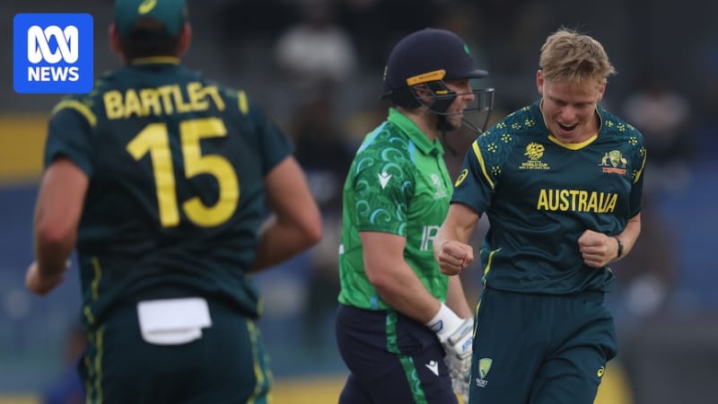 Australian cricket bowler Nathan Ellis celebrating after taking wicket during T20 World Cup match