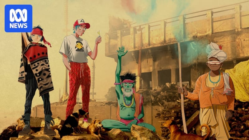 Animated Gorillaz band members 2D, Murdoc, Noodle and Russell with creators Damon Albarn and Jamie Hewlett