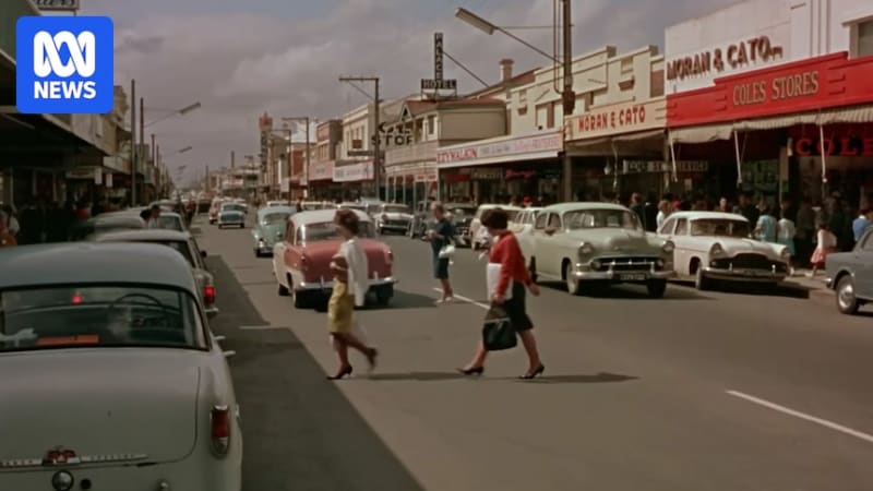 Black and white 1964 film still showing Mount Gambier's Valley Lakes and scenic landscape from restored immigration documentary