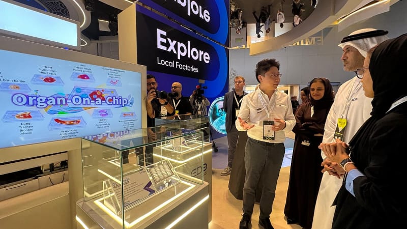 Scientists examining small electronic organ chips used for drug testing at Dubai health expo