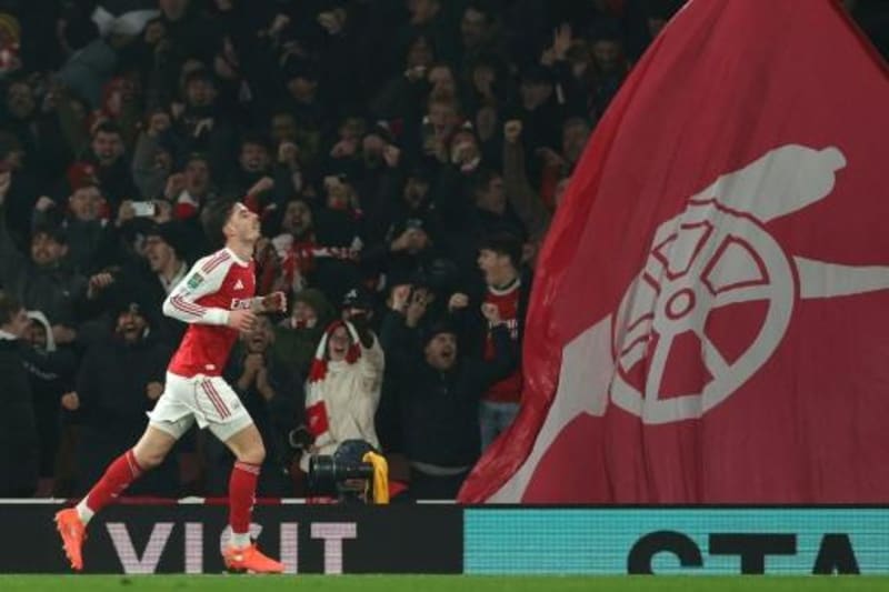 Arsenal's Kai Havertz celebrating after scoring the winning goal against Chelsea at Emirates Stadium