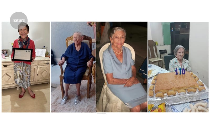 Four elderly Brazilian women from the DNA Longevo longevity study smiling together outdoors