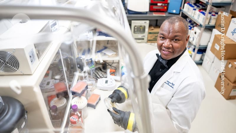 Students and researchers working in a modern laboratory at Howard University in Washington DC