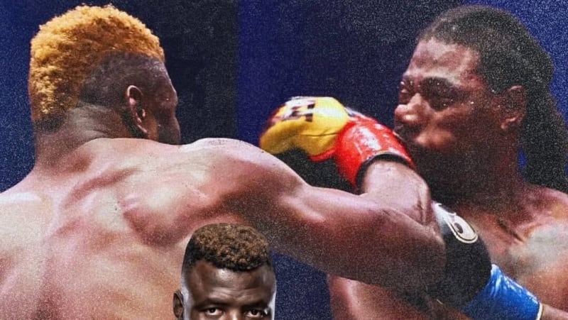 Nigerian heavyweight boxer Efe Ajagba celebrating knockout victory in boxing ring
