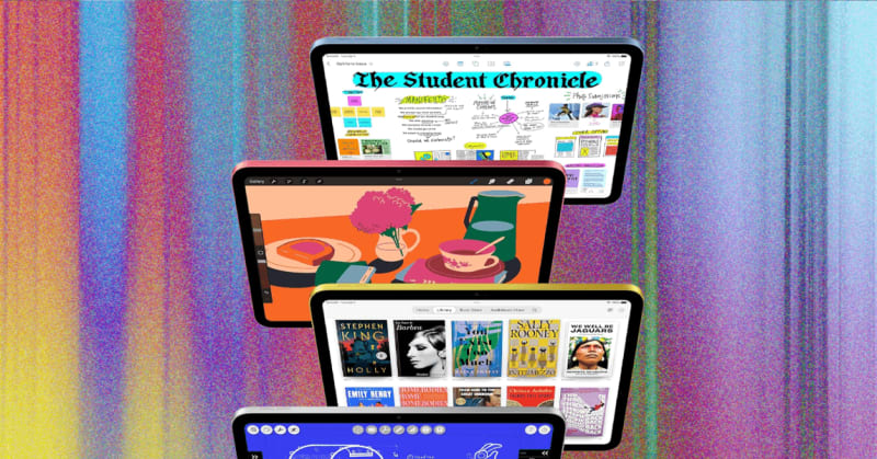 Collection of modern tablets including iPads and Android devices displayed together showing colorful screens and sleek designs