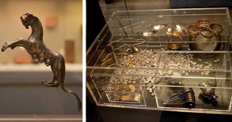 ** Display case showing reconstructed arrangement of Hoxne Hoard Roman treasure at British Museum
