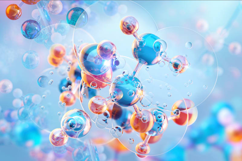 Colorful digital illustration showing AI-guided materials synthesis process with molecular structures and laboratory equipment
