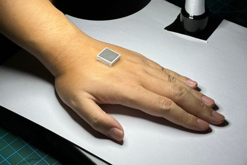 Prototype ultrasound patch with bioadhesive gel designed to monitor heart health continuously
