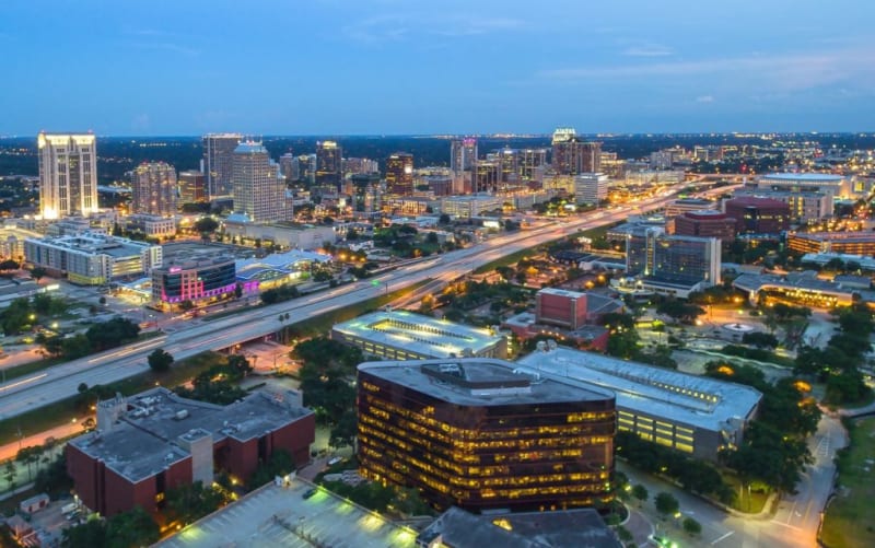 Orlando skyline with modern office buildings showing economic growth and development