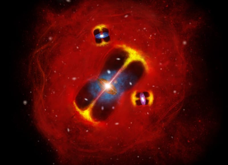 Artist's illustration showing a forming galaxy cluster with glowing hot gas and radio jets from active galaxies in the early universe