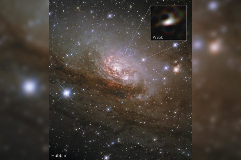 Webb Telescope's sharp infrared image showing glowing matter surrounding a distant black hole