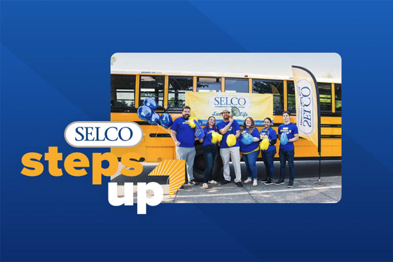 SELCO Community Credit Union scholarship program logo showing students pursuing diverse educational paths