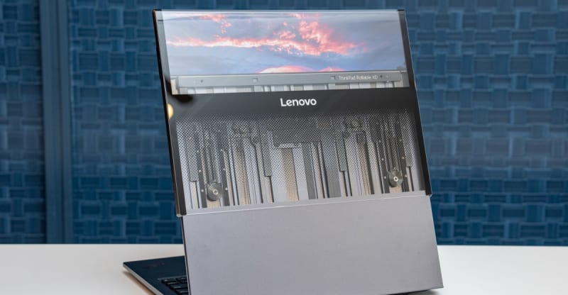 Lenovo ThinkPad Rollable XD Concept laptop with transparent lid showing expandable OLED display mechanism in action