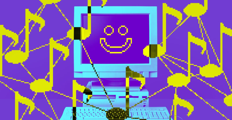 Digital musical notes and sound waves flowing through futuristic technology, symbolizing AI-powered music discovery and connection