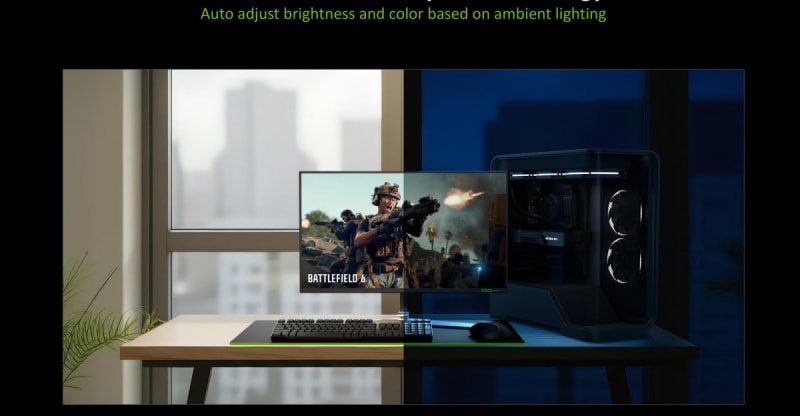 Nvidia G-Sync Pulsar gaming monitor with adaptive brightness technology displayed in modern office setting