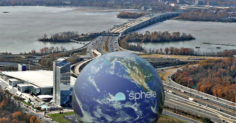 Rendering of smaller Sphere venue with LED exterior screen in Maryland location near water