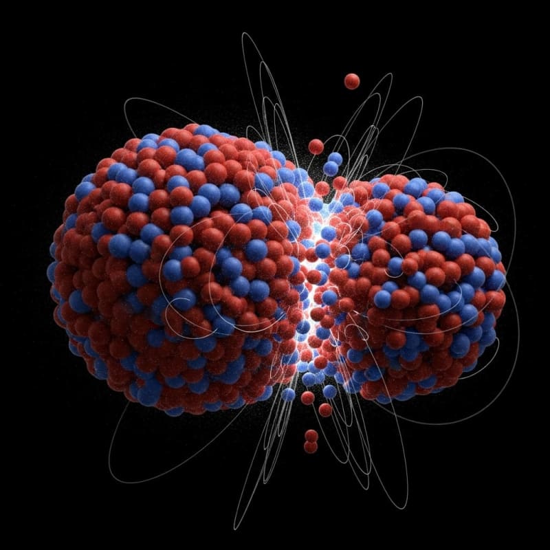 Computer simulation showing atomic nuclei colliding and exchanging particles in bright colors