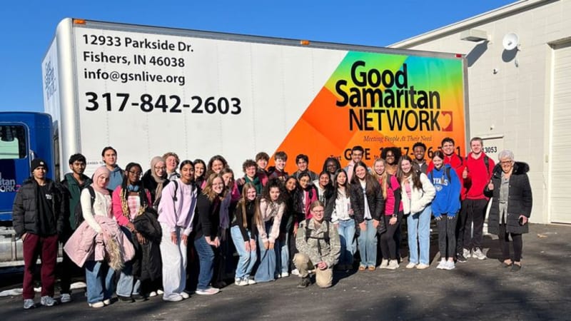 Fishers Mayor's Youth Academy students organizing donations at Good Samaritan Network warehouse