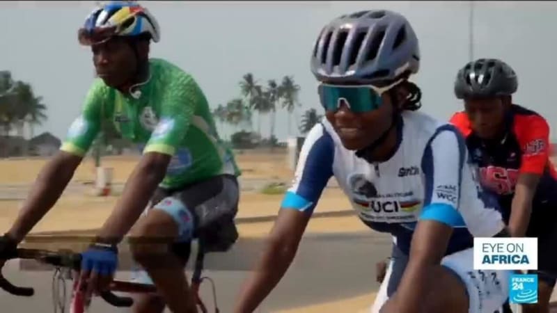 Young female cyclist Georgette Vignonfodo from Benin training on her bicycle