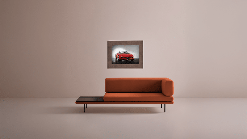 Large elegant 41-inch e-paper display showing vibrant artwork in premium aluminum frame with Alcantara finish on wall