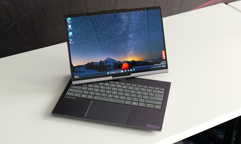 Lenovo ThinkBook Plus Gen 7 Auto Twist laptop with motorized display demonstrating its auto-tracking camera feature during video calls
