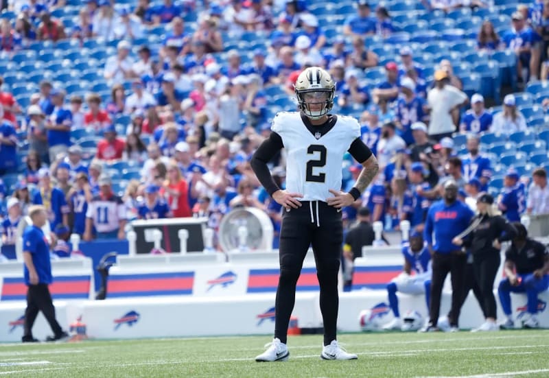 New Orleans Saints wide receiver Chris Olave speaking confidently to media about teammate Spencer Rattler's quarterback abilities