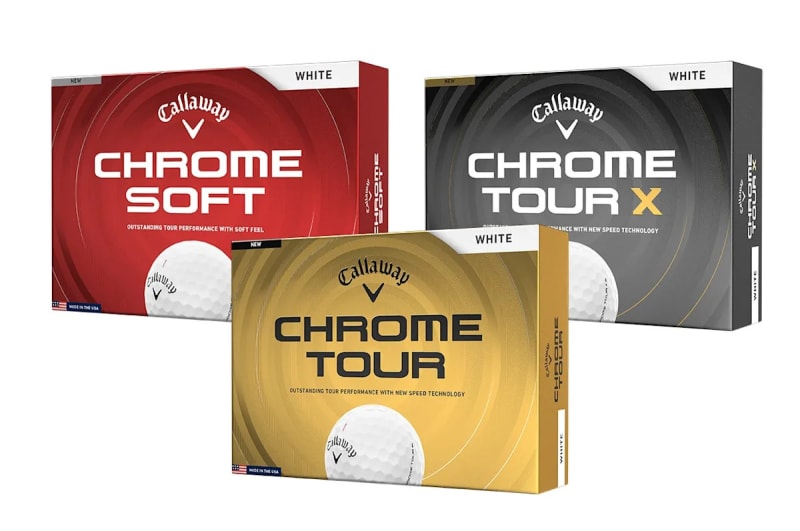 Three Callaway golf balls from 2026 Chrome Tour lineup displayed together showing white urethane covers and premium design