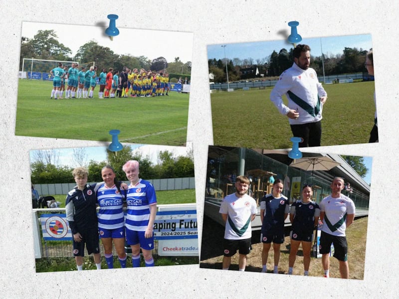 Reading Women football team celebrating together on pitch wearing blue and white striped jerseys with coaching staff
