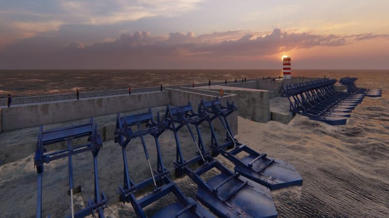 Wave energy floaters attached to coastal breakwater converting ocean waves into renewable electricity