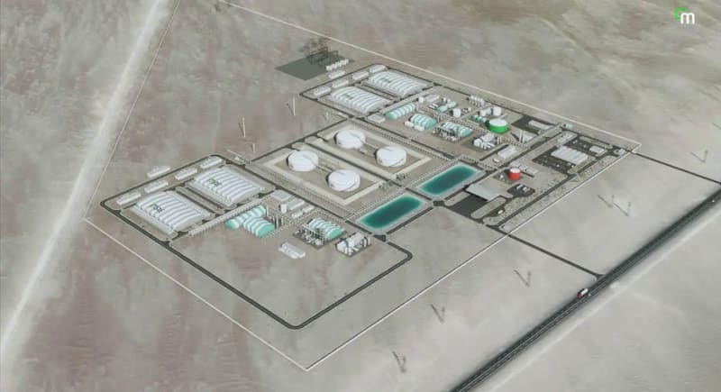 Large solar panel array in Chile's Antofagasta desert region powering green ammonia production facility