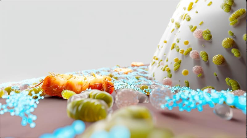 Microscope view showing orange bacteria and blue compound at tooth gum line