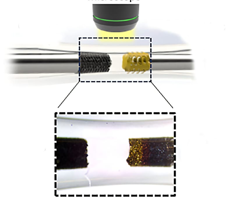 Gold metallic lithium plating visible on battery anode surface under microscope