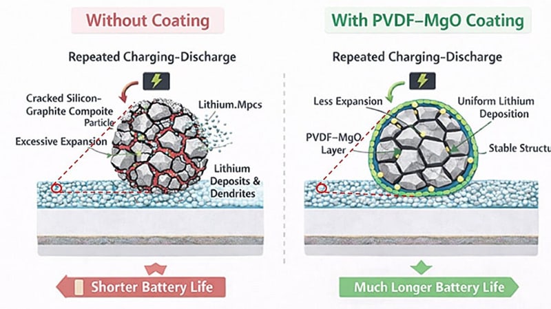 Microscopic view of protected silicon battery electrode with protective coating preventing structural damage