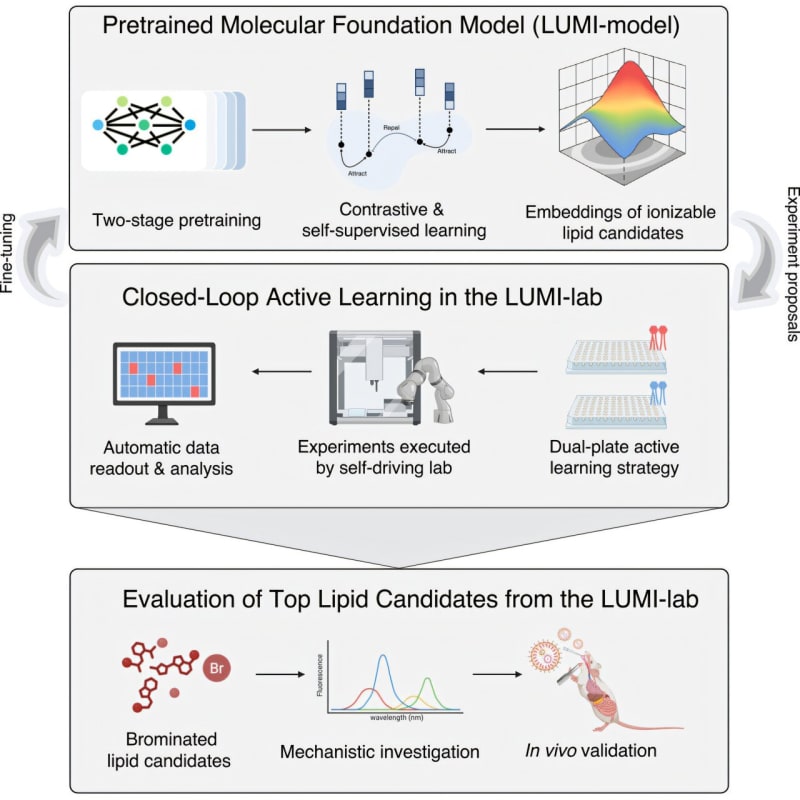 Robotic laboratory equipment conducting automated experiments with colorful molecular structures displayed on computer screens