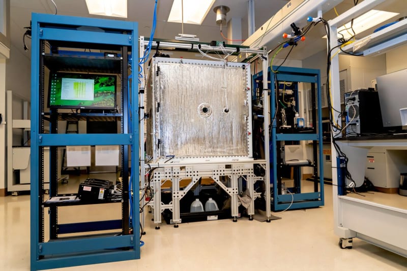 Green laser light illuminating cloud particles inside Brookhaven Laboratory's convection cloud chamber