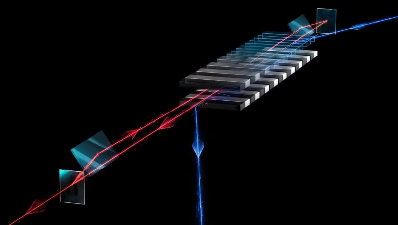 Illustration showing X-ray light beams bouncing between mirrors in the XFELO laser system