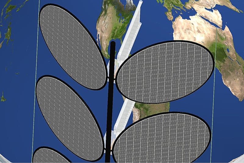 Schematic diagram showing plant-like orbital data center with branching solar panels along vertical tether columns