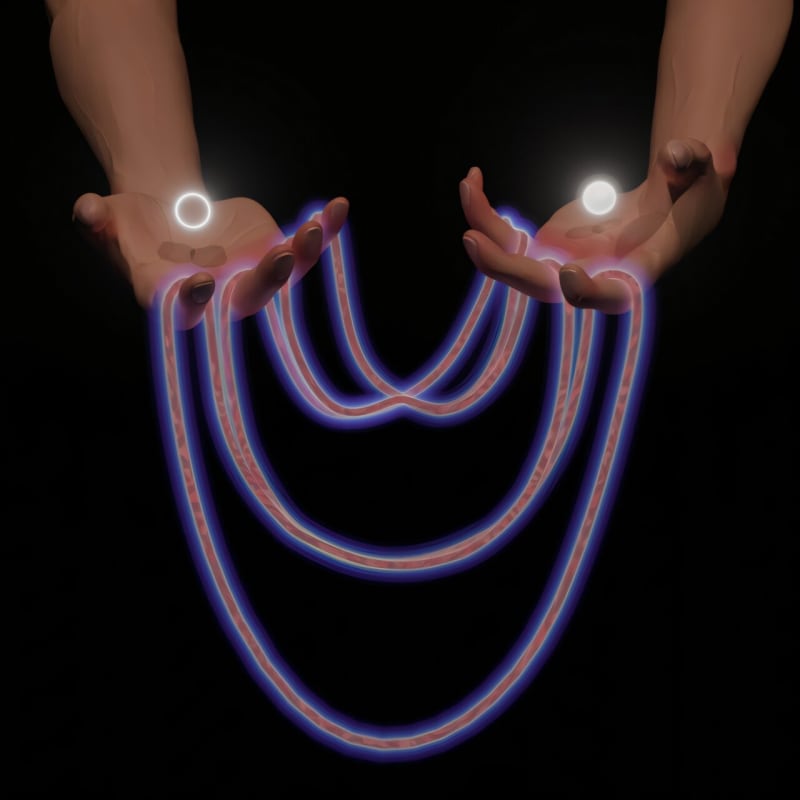 Glowing energy bands held between hands with electron and hole orbs representing excitons above