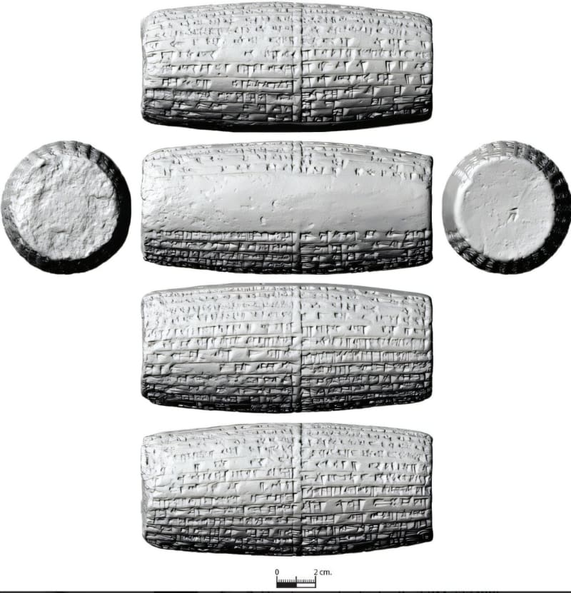 3D scan of ancient clay cylinder with cuneiform inscriptions from King Nebuchadnezzar II's era in Babylon