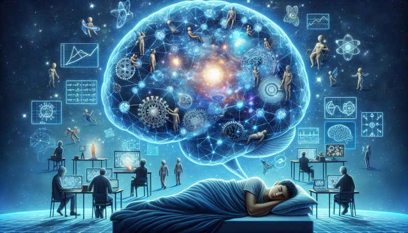 Peaceful sleeper with thought bubbles showing puzzle pieces coming together in dreams