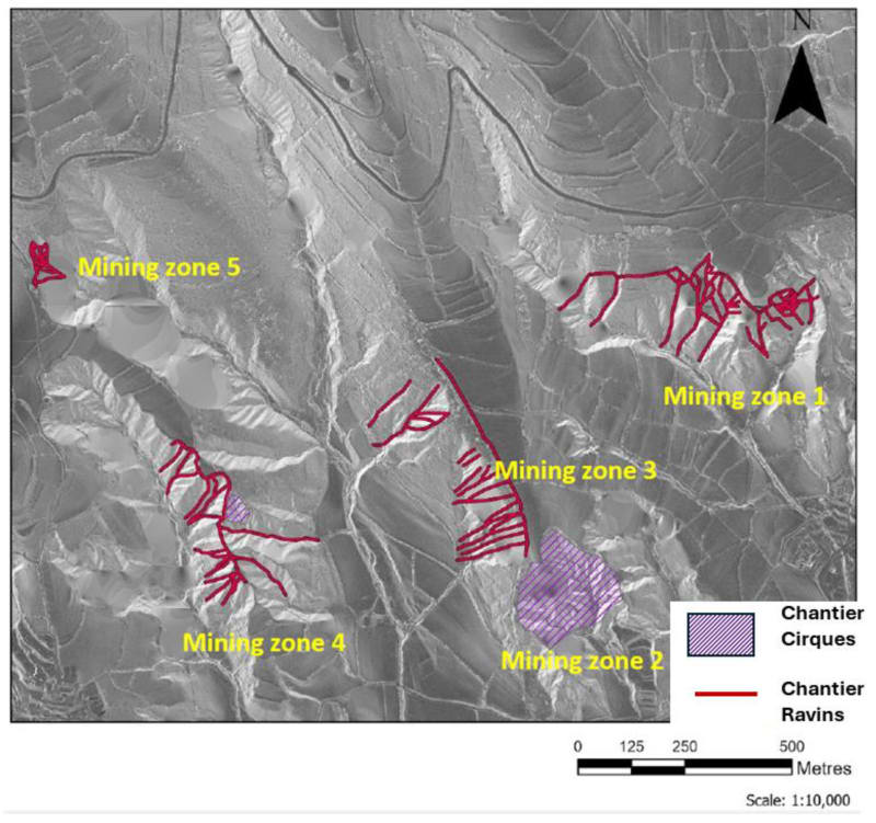 Ancient Roman hydraulic reservoir with large stone blocks at Pyrenees mining site