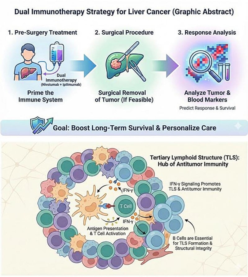 Medical illustration showing immune cells attacking liver cancer tumor with organized immune hub structures