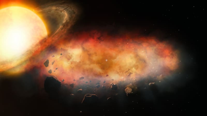 Artist's illustration showing massive debris disk with swirling dust cloud passing before distant star