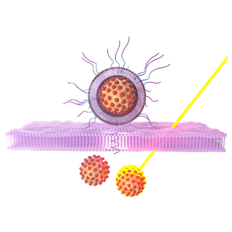 Microscopic view of biocompatible nanoparticles designed to target and destroy cancer tumors using light