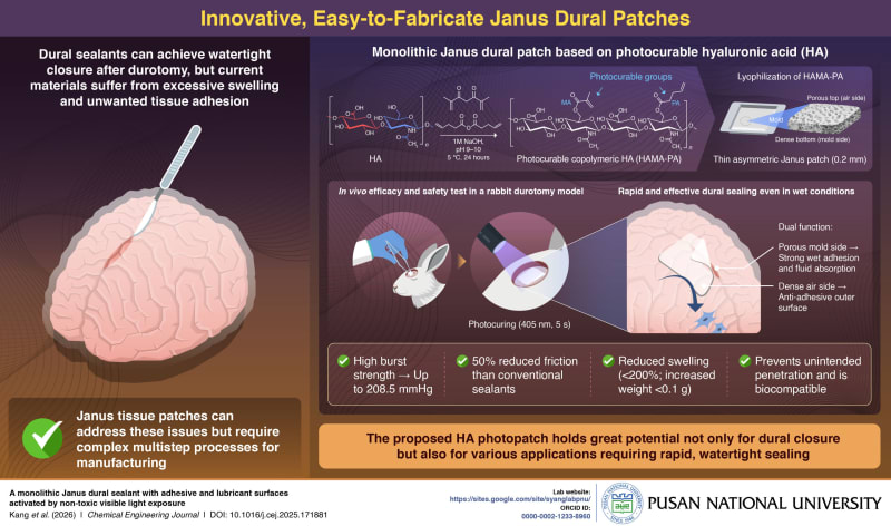 Light-activated adhesive patch sealing brain membrane tissue during neurosurgery procedure demonstration